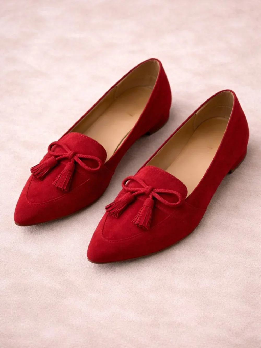 Talbots Francesca Red Suede Driving Flats Bow Tassel Pointed Toe 6.5